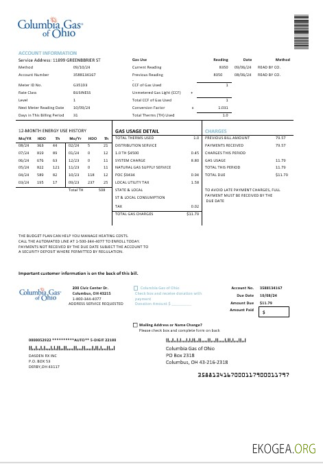 Modèle de facture de services publics de USA Columbia Gas of Ohio aux formats Word et PDF